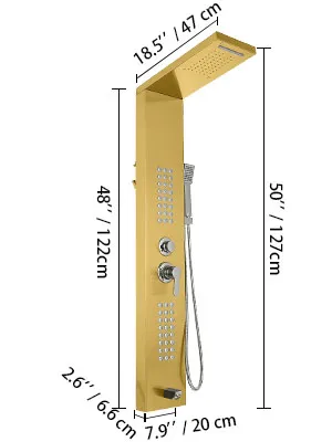 Sistema de torre de panel de ducha VEVOR dorado con dimensiones anotadas en pulgadas y centímetros.