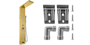 Sistema de torre de panel de ducha VEVOR en dorado con accesorios y hardware de montaje.