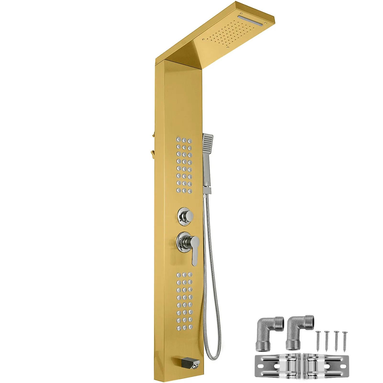 Sistema de torre de ducha VEVOR dorado con múltiples chorros y accesorios.