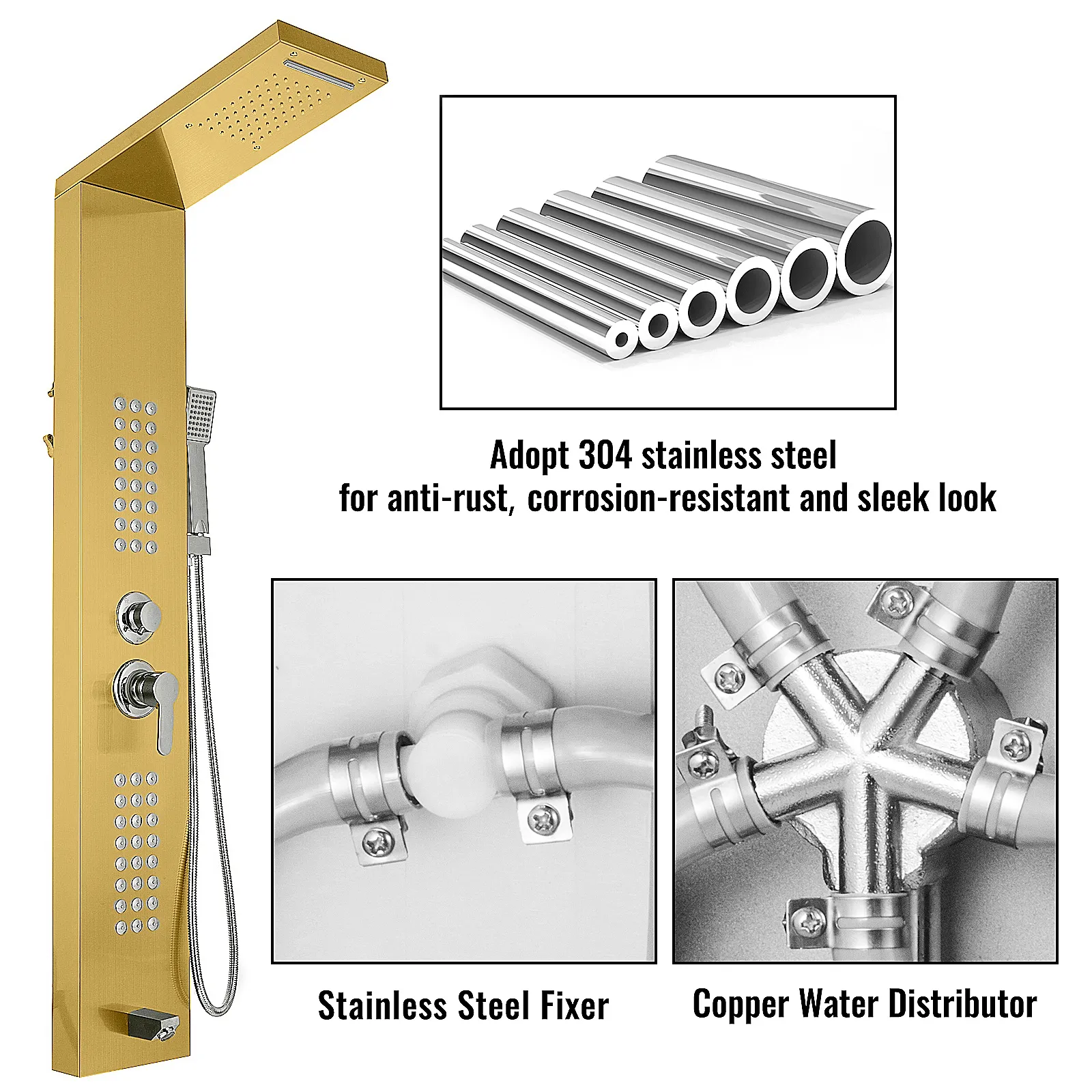 Sistema de torre de panel de ducha VEVOR en oro con tubos de acero inoxidable 304.