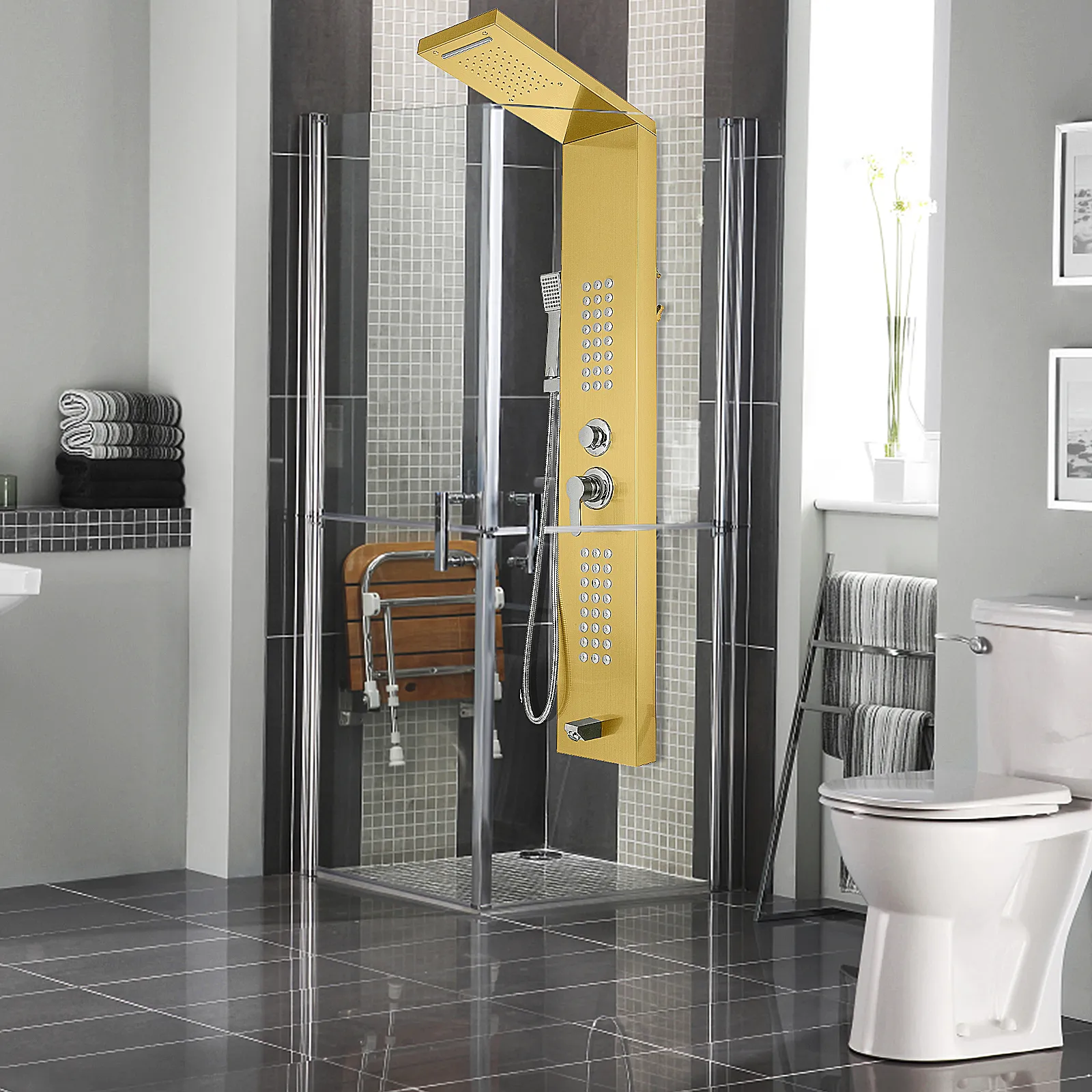 Baño moderno con sistema de torre de paneles de ducha VEVOR, ducha de cristal y accesorios elegantes.