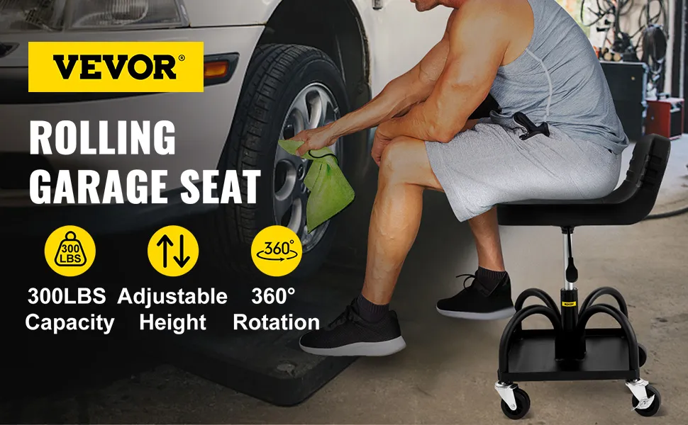 VEVOR rolling garage stool, 300lbs capacity, adjustable height, 360° rotation.
