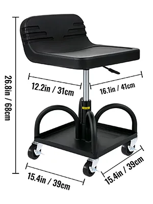 VEVOR rolling garage stool, height 26.8in, cushioned seat, swiveling castors.