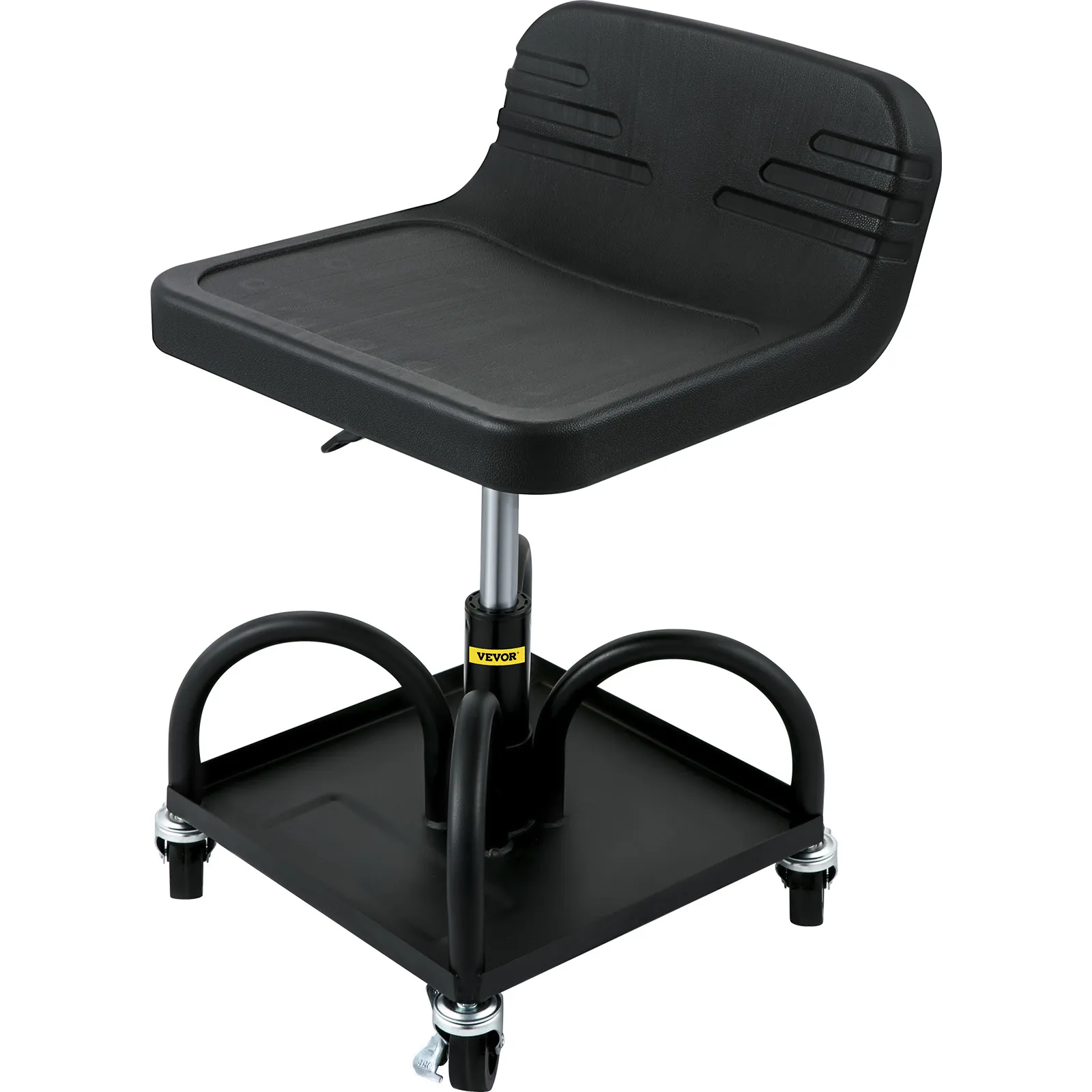 VEVOR rolling garage stool with black cushioned seat and caster wheels for mobility.