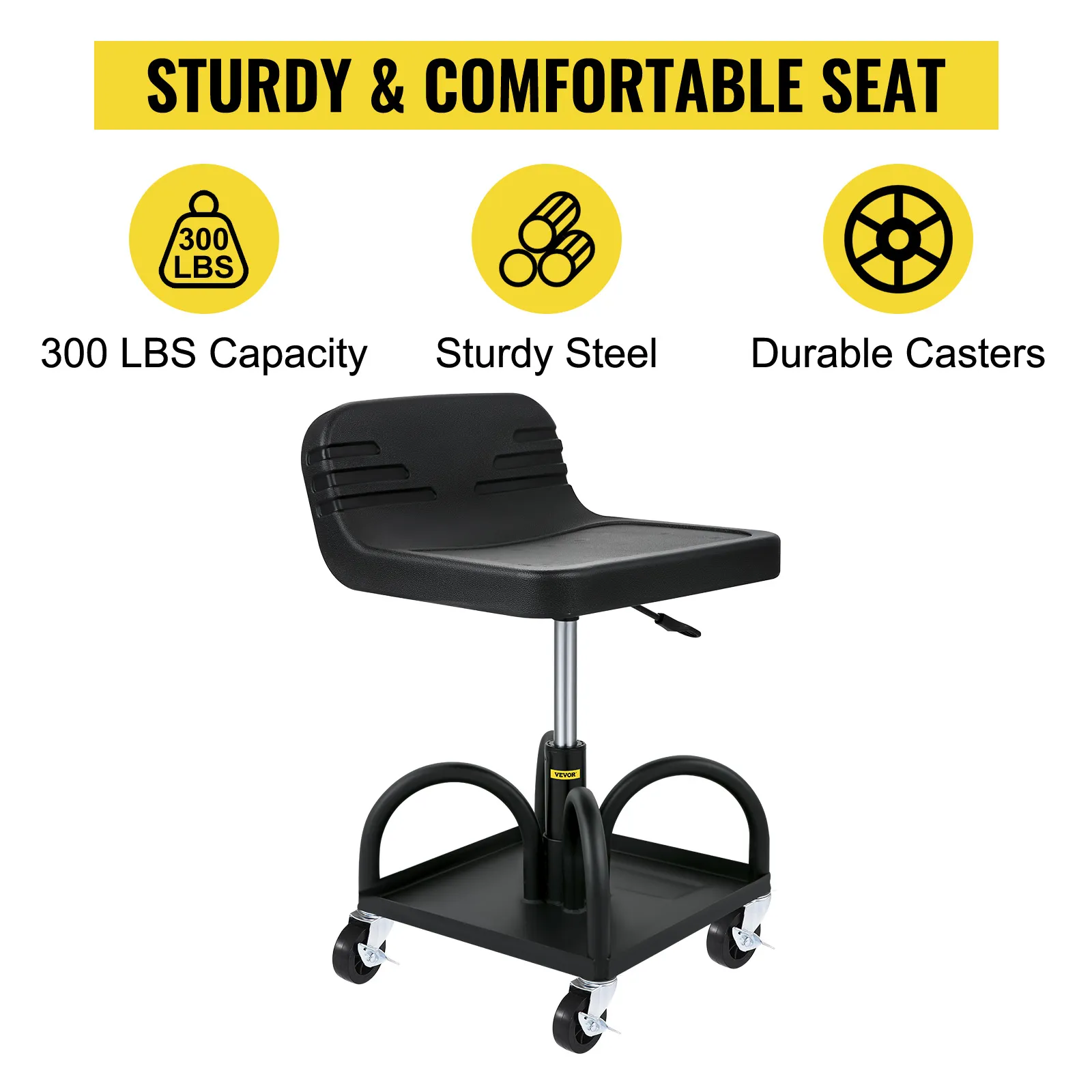VEVOR rolling garage stool with sturdy steel, durable casters, and 300 lbs weight capacity.
