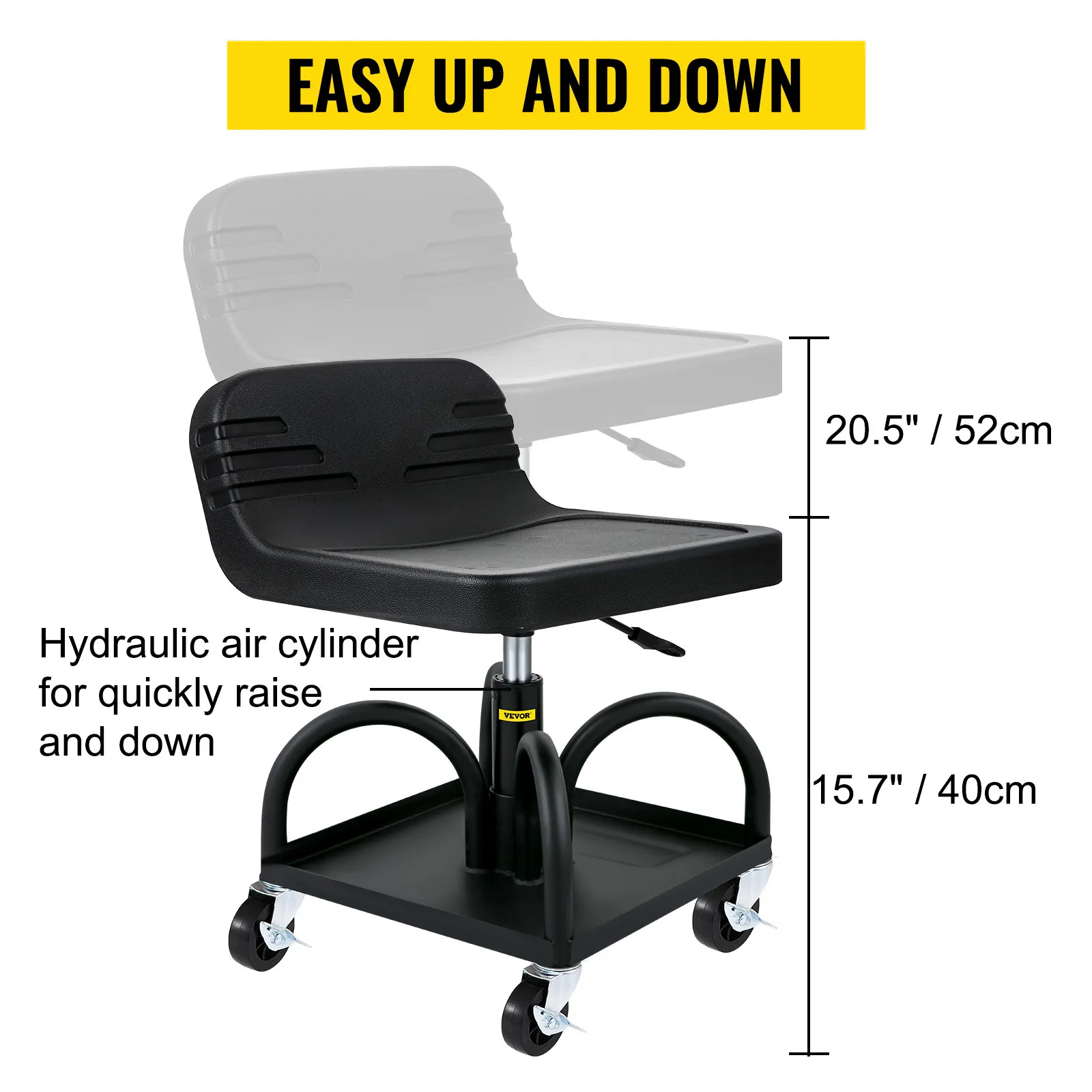VEVOR rolling garage stool with hydraulic air cylinder, adjustable height, and wheels.