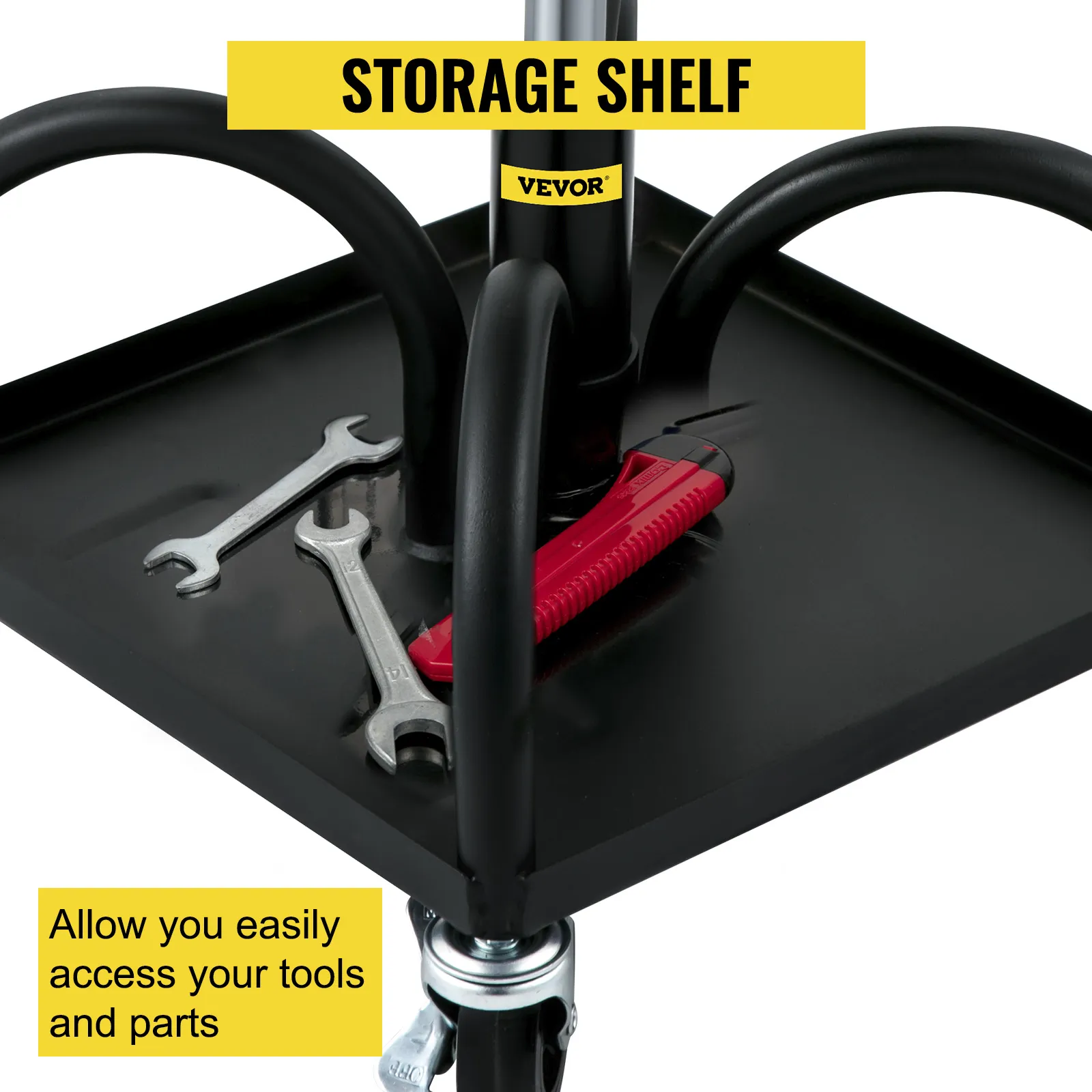 VEVOR rolling garage stool storage shelf with tools and parts.