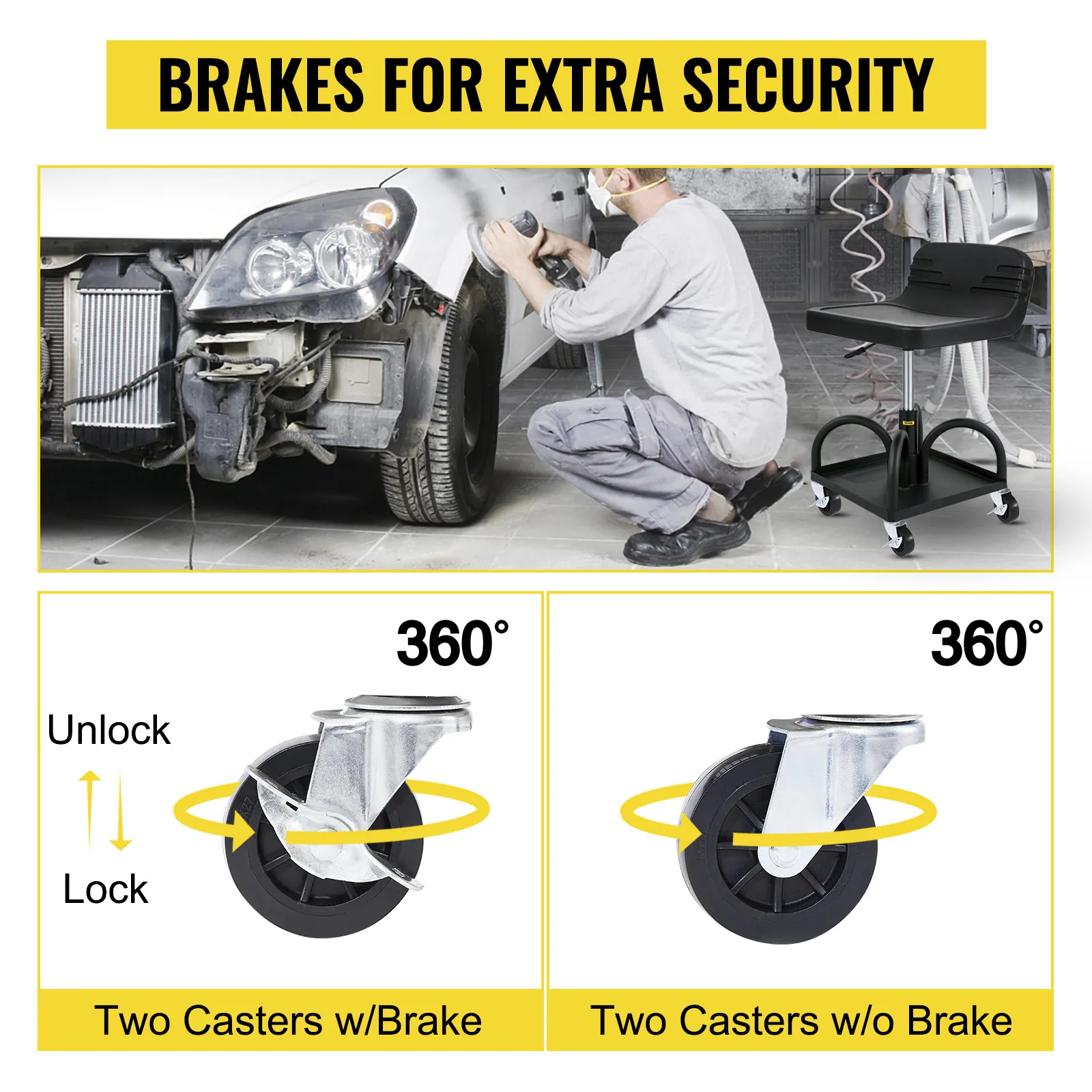VEVOR rolling garage stool with casters for extra security in auto repair.