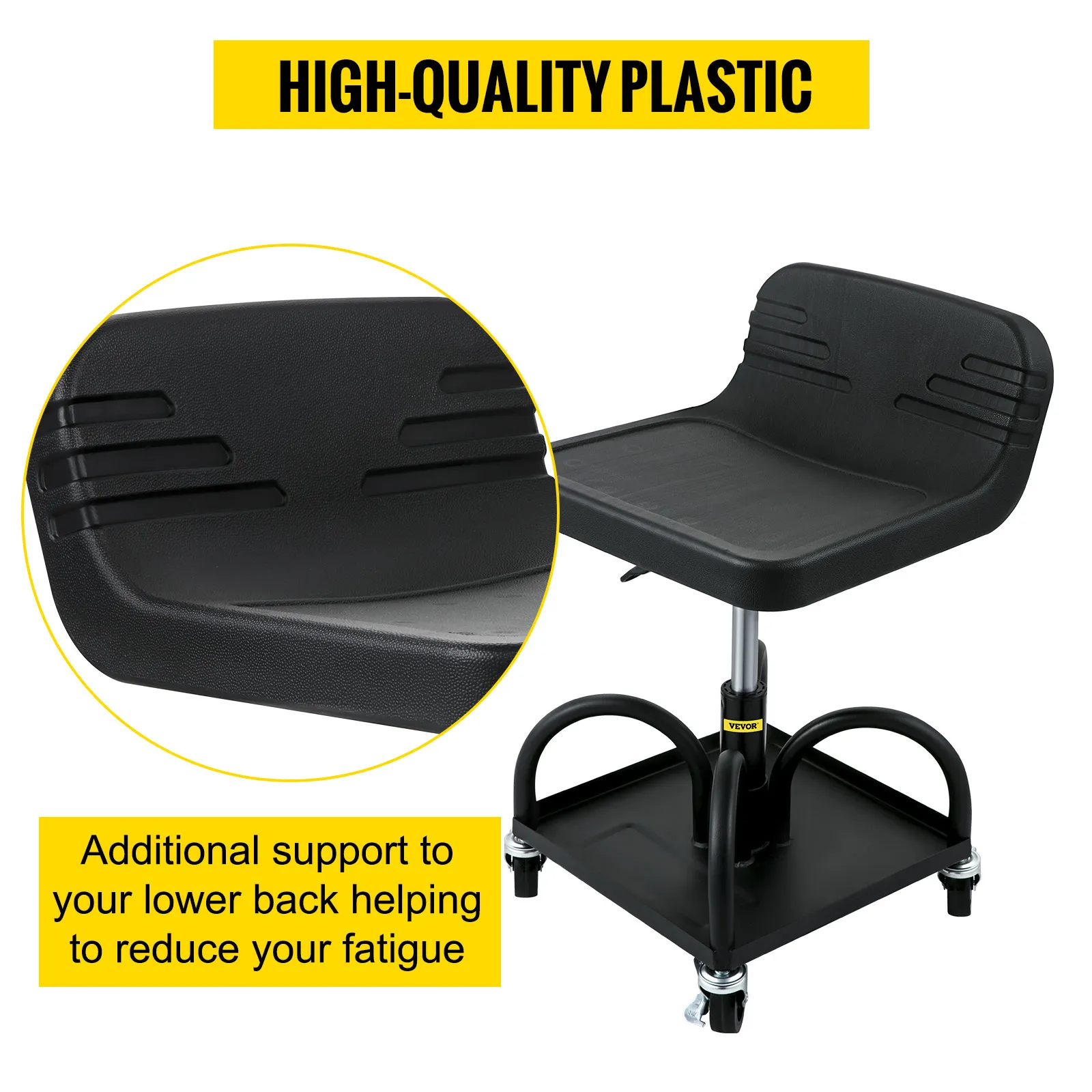 VEVOR rolling garage stool made with high-quality plastic for lower back support.