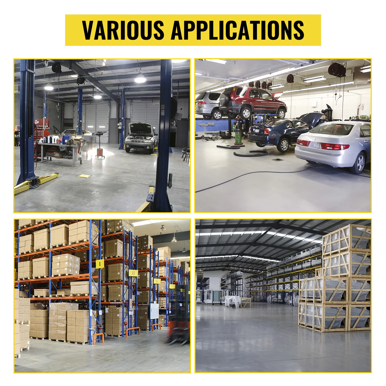 workshop and warehouse scenes showcasing the VEVOR rolling garage stool's versatility.