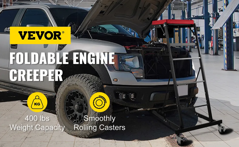 VEVOR topside creeper in workshop, 400 lbs capacity, smooth rolling casters, truck repair.