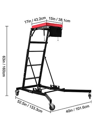 VEVOR topside creeper with adjustable height and dimensions detailed.