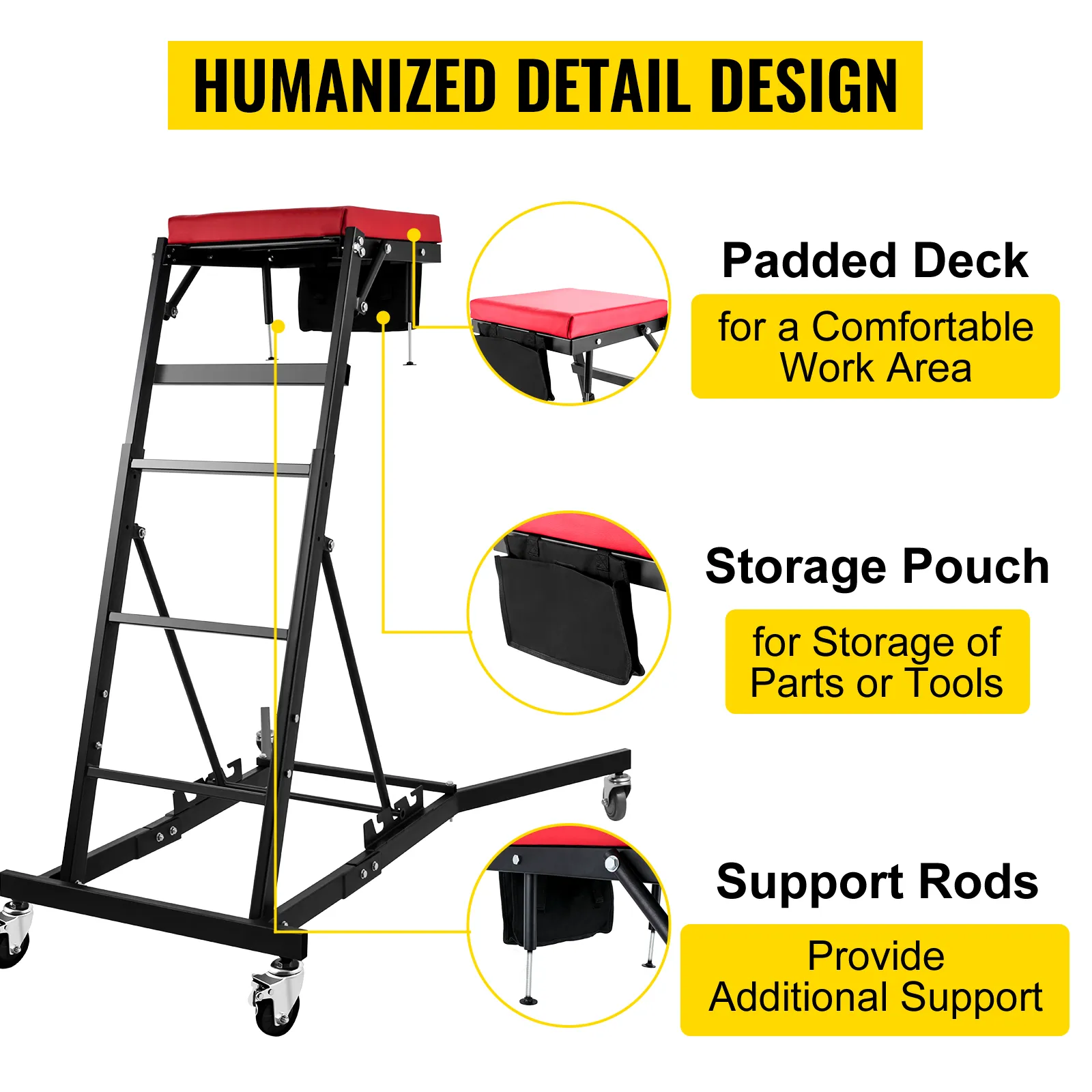 VEVOR topside creeper with padded deck, storage pouch, and support rods for comfort.