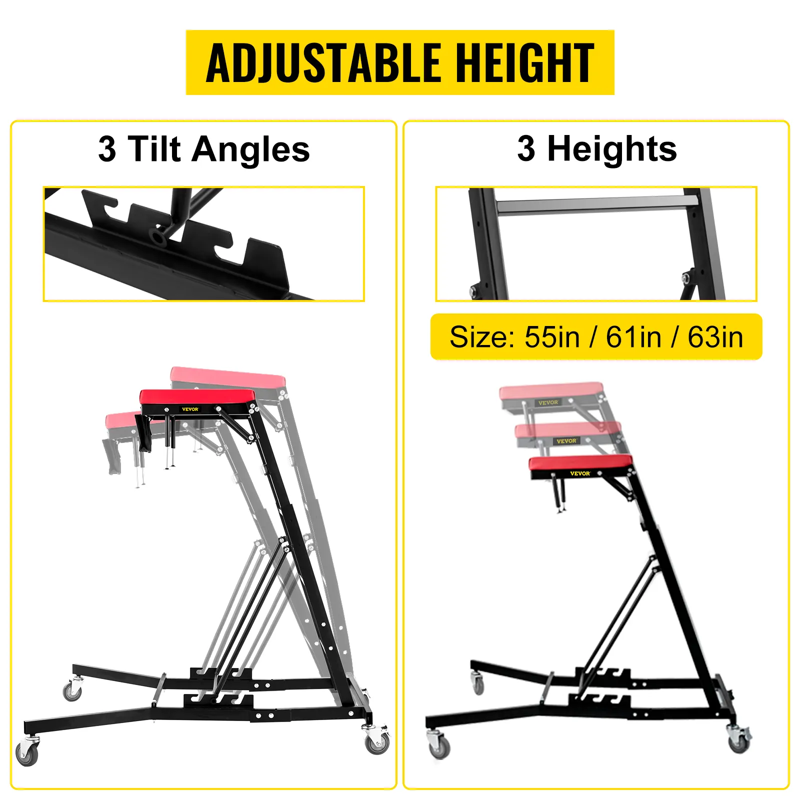 VEVOR topside creeper with adjustable height, 3 tilt angles, and 3 height options.