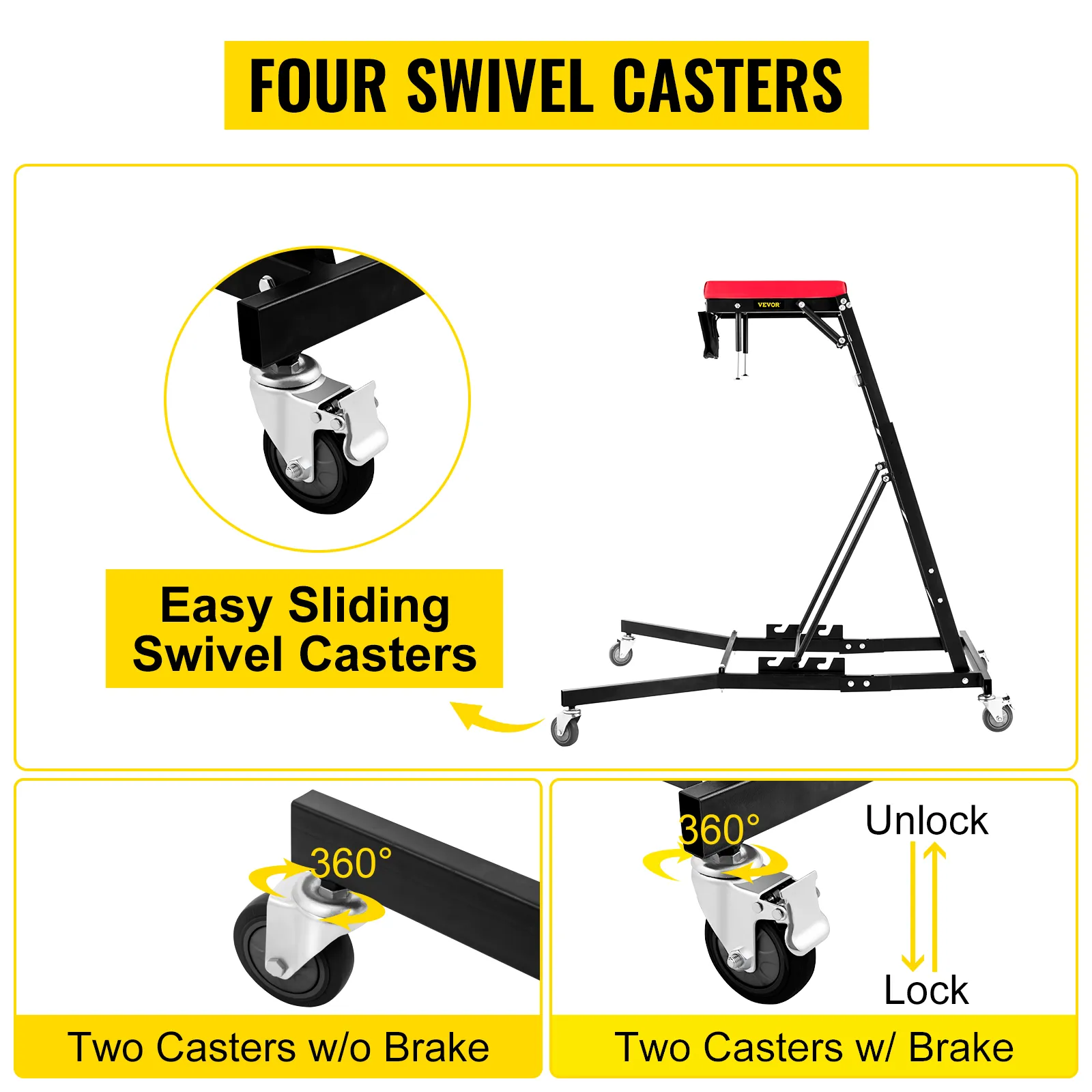 VEVOR topside creeper with four 360° easy sliding swivel casters, two with brake.