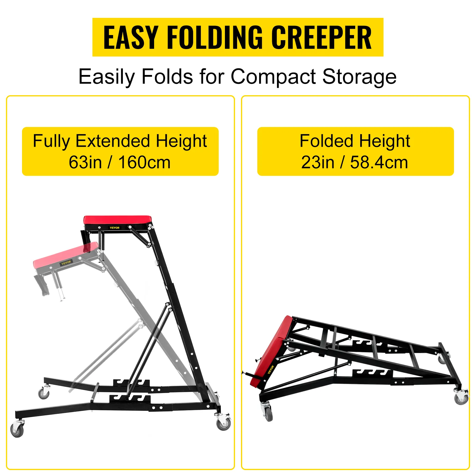VEVOR topside creeper fully extended at 63in and folded at 23in, easy compact storage.