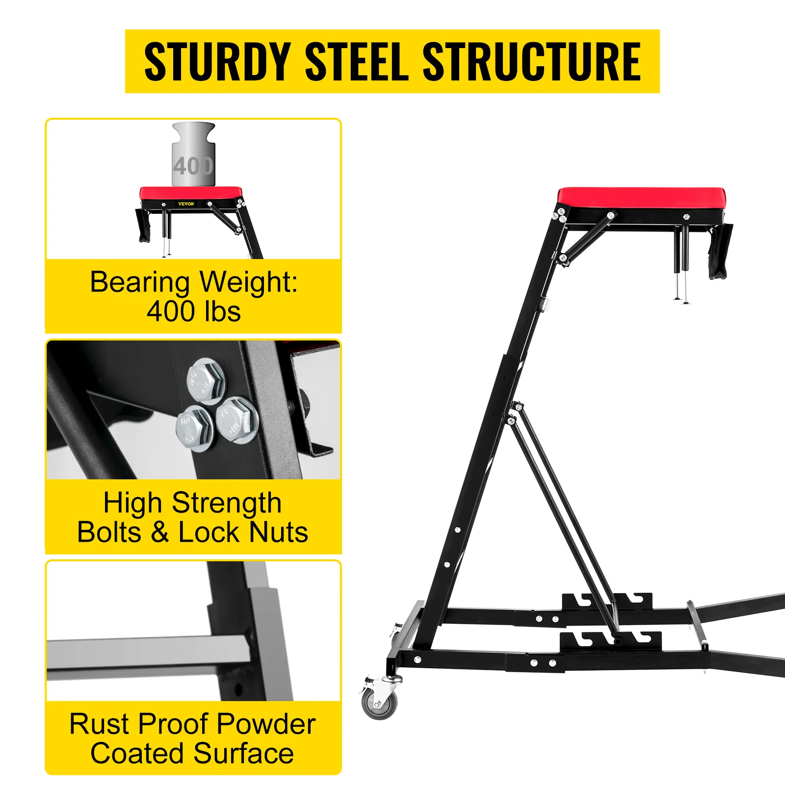 VEVOR topside creeper with sturdy steel structure, 400 lbs bearing weight, high strength bolts.