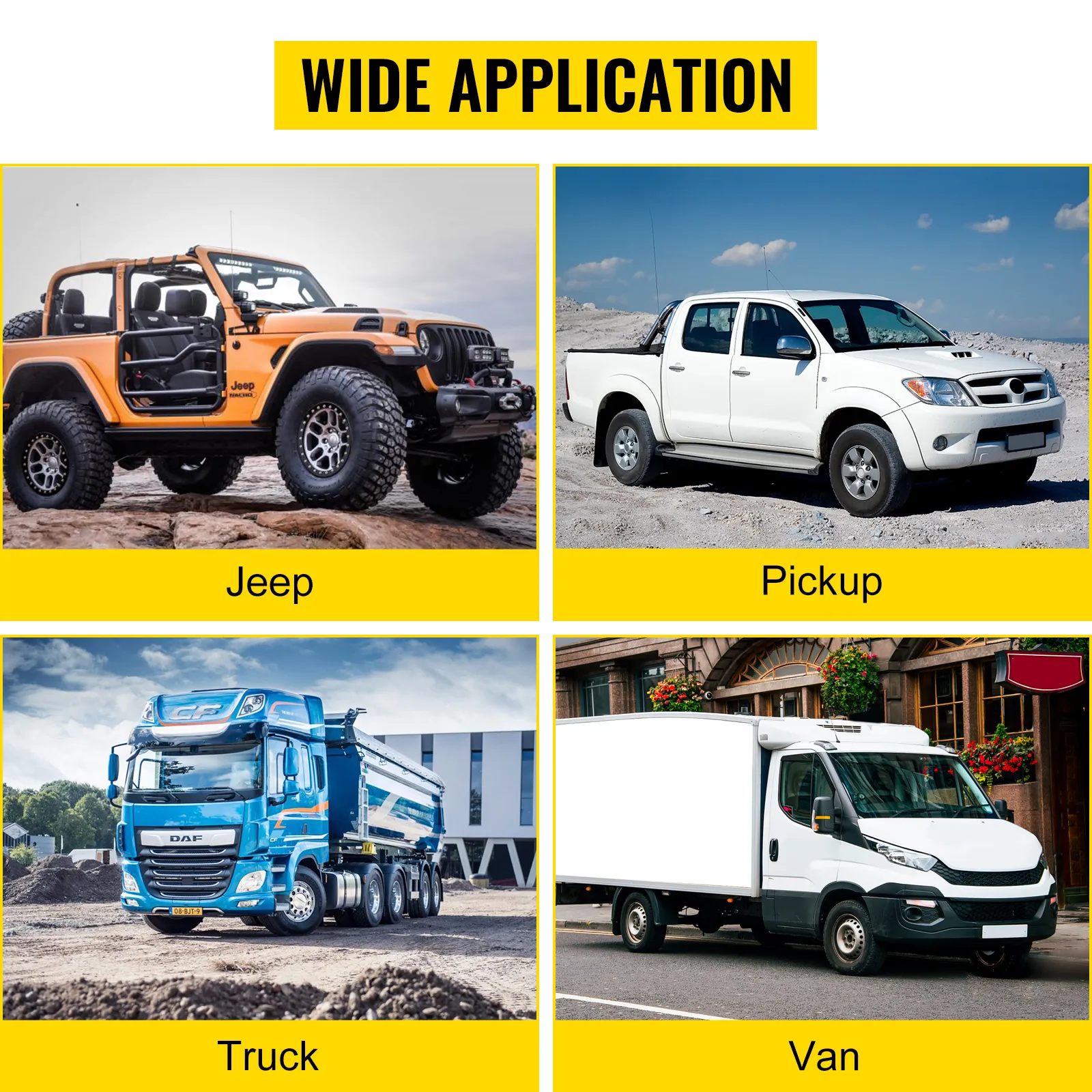 wide application for VEVOR topside creeper: jeep, pickup, truck, and van.