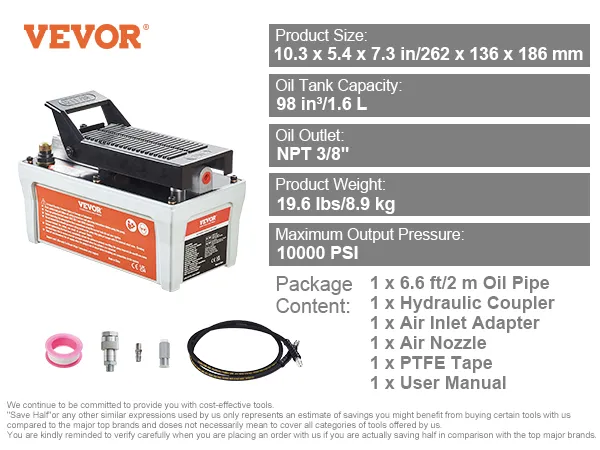 VEVOR air hydraulic pump with 1.6l oil tank, 10000 psi output, npt 3/8" outlet, and accessory kit.