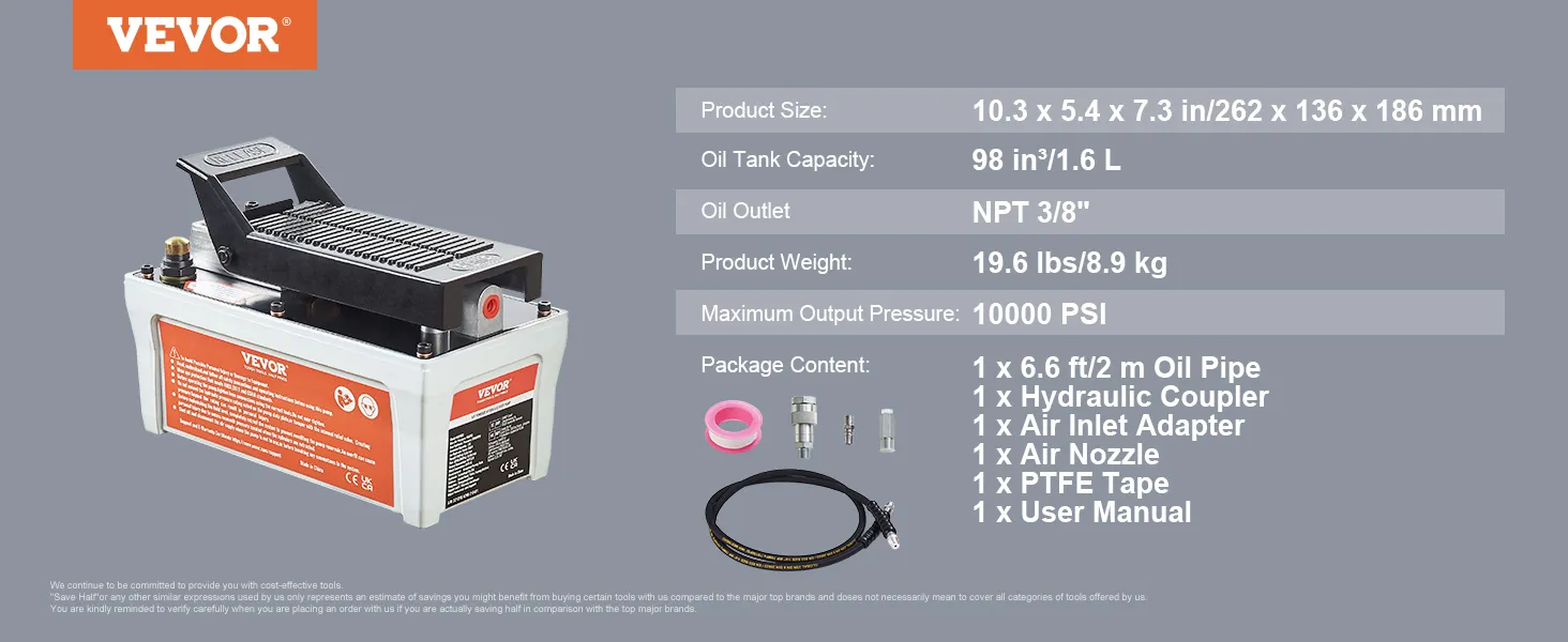 VEVOR air hydraulic pump with 1.6l oil tank, 10000 psi output, npt 3/8" outlet, and accessory kit.