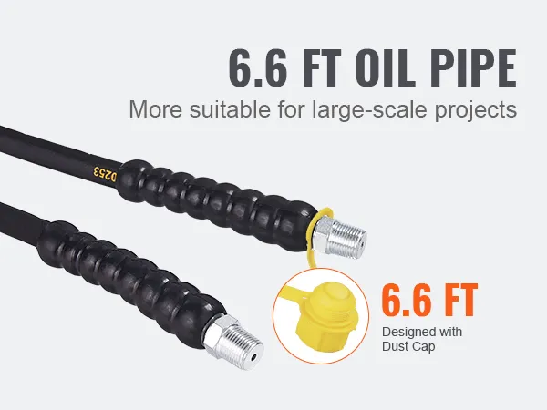 6.6 ft oil pipe with threaded ends and dust cap from VEVOR air hydraulic pump for large-scale projects.