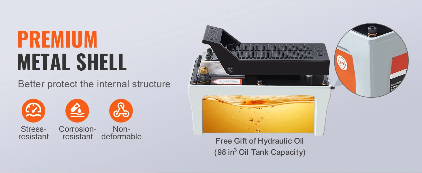 VEVOR air hydraulic pump with premium metal shell, stress-resistant, corrosion-resistant, non-deformable.