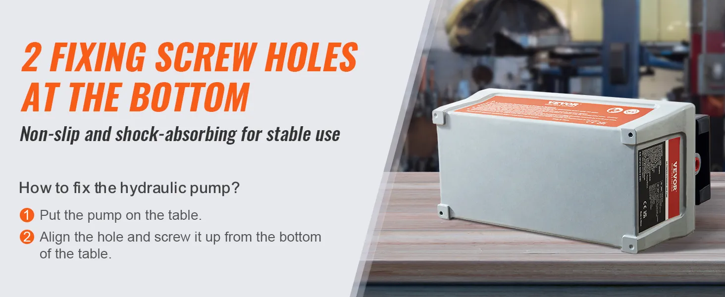 VEVOR air hydraulic pump with two fixing screw holes at the bottom for non-slip, shock-absorbing stability.