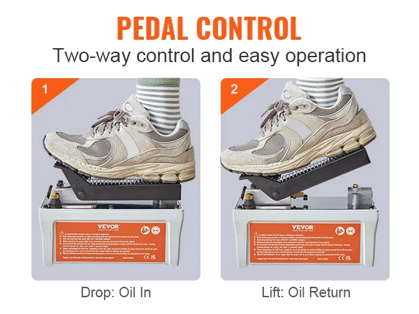 pedal control of VEVOR air hydraulic pump with two-way operation for oil drop and lift.