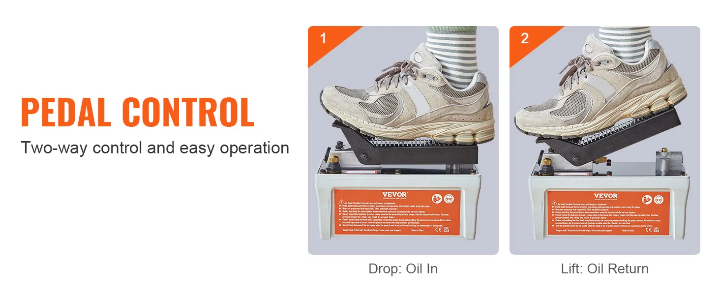 pedal control of VEVOR air hydraulic pump with two-way operation for oil drop and lift.