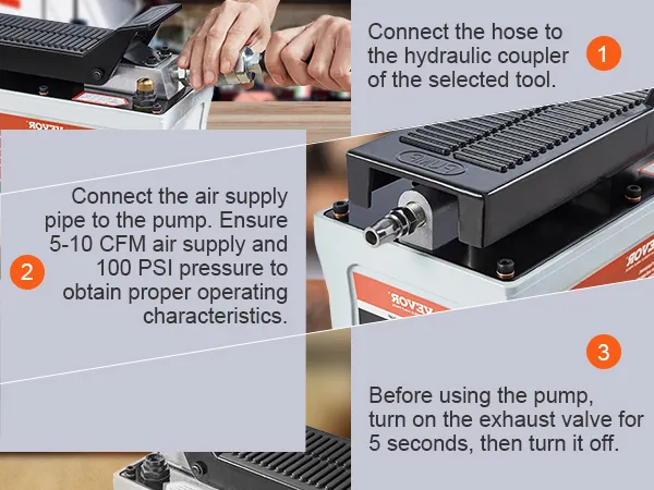 VEVOR air hydraulic pump setup guide: connect hose, ensure proper air supply, and use exhaust valve correctly.
