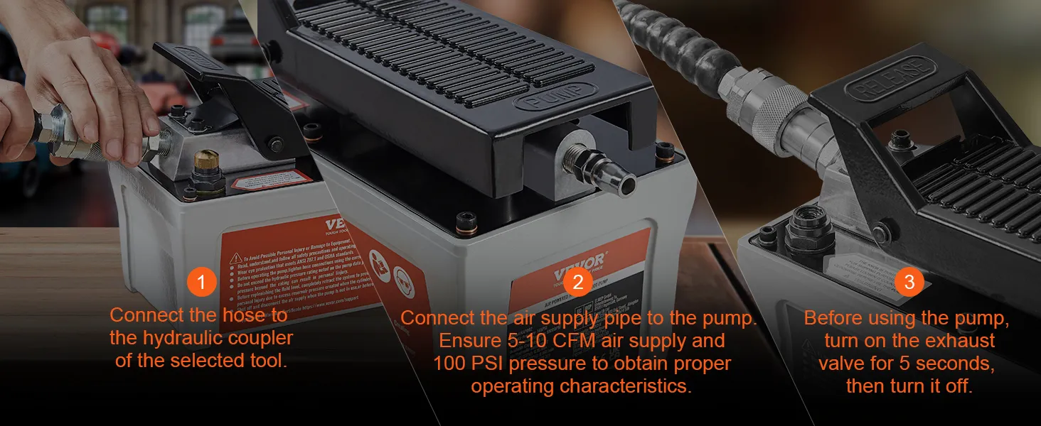 VEVOR air hydraulic pump setup guide: connect hose, ensure proper air supply, and use exhaust valve correctly.