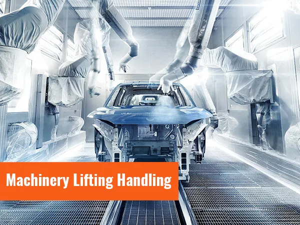 automated car manufacturing assembly line with machinery lifting handling equipment in a high-tech facility.