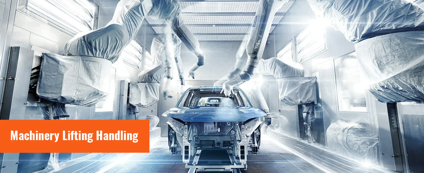 automated car manufacturing assembly line with machinery lifting handling equipment in a high-tech facility.