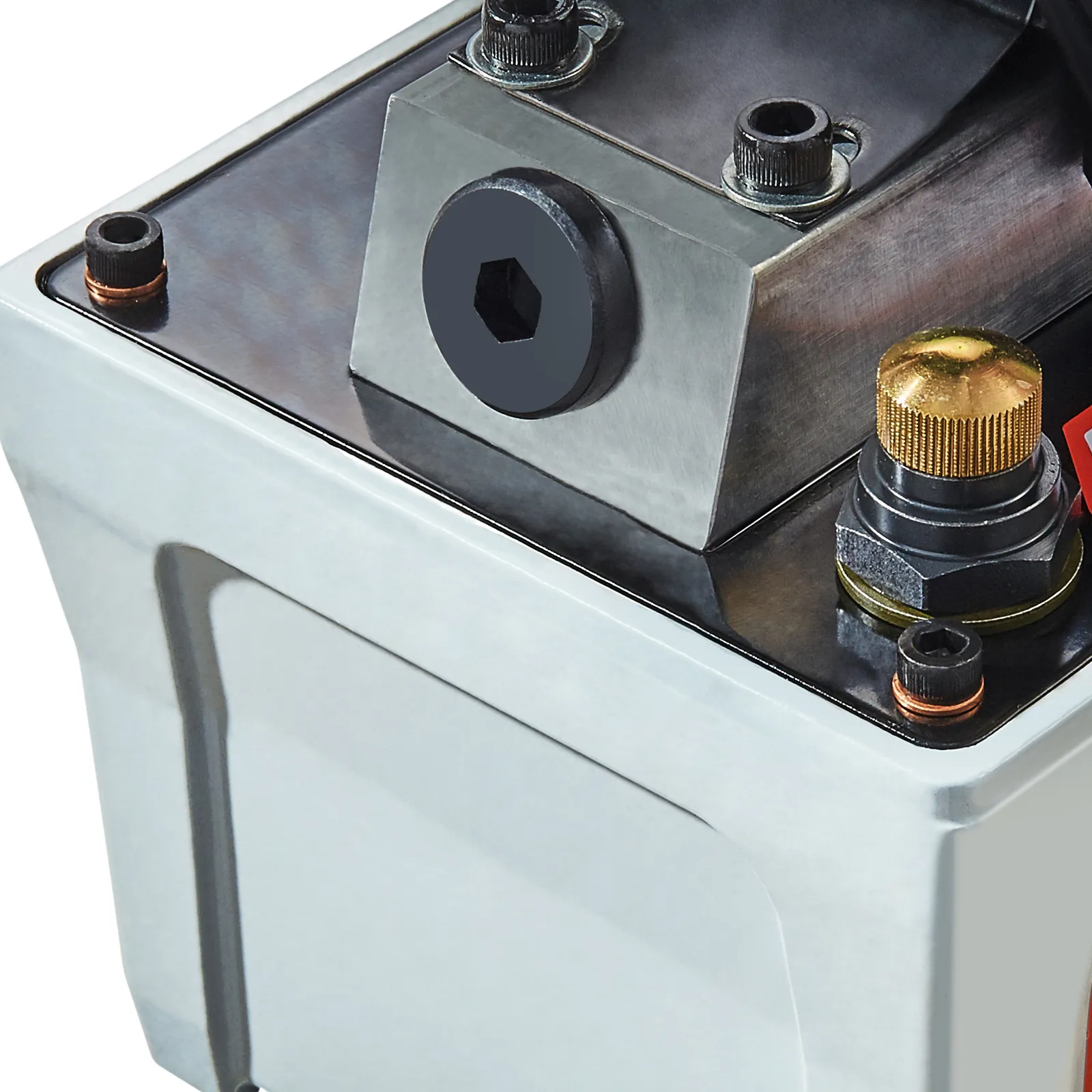 close-up of a VEVOR air hydraulic pump featuring metal components and high-pressure connectors.