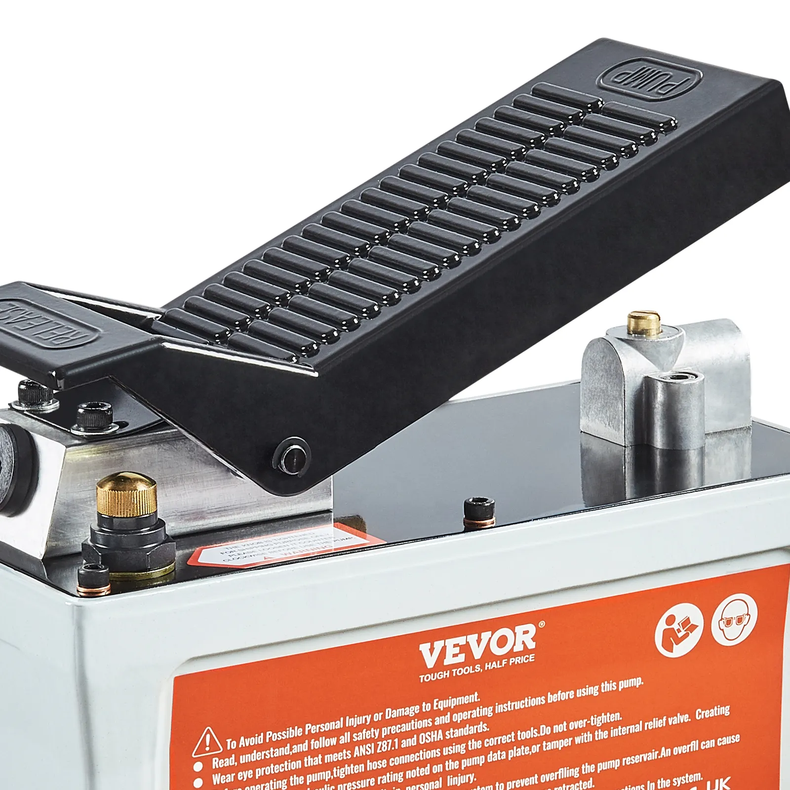 VEVOR air hydraulic pump with foot pedal and detailed caution label in the foreground.