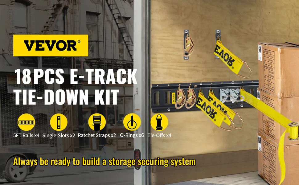 VEVOR e track tie-down kit with straps, rails, and accessories securing boxes inside a trailer.
