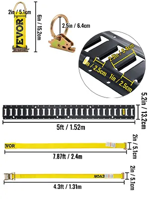 VEVOR e track tie-down kit, black rail, yellow straps, ratchet, detailed measurements, multiple attachments