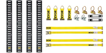 VEVOR e track tie-down kit with black rails, yellow straps, and various clips for secure cargo fastening.