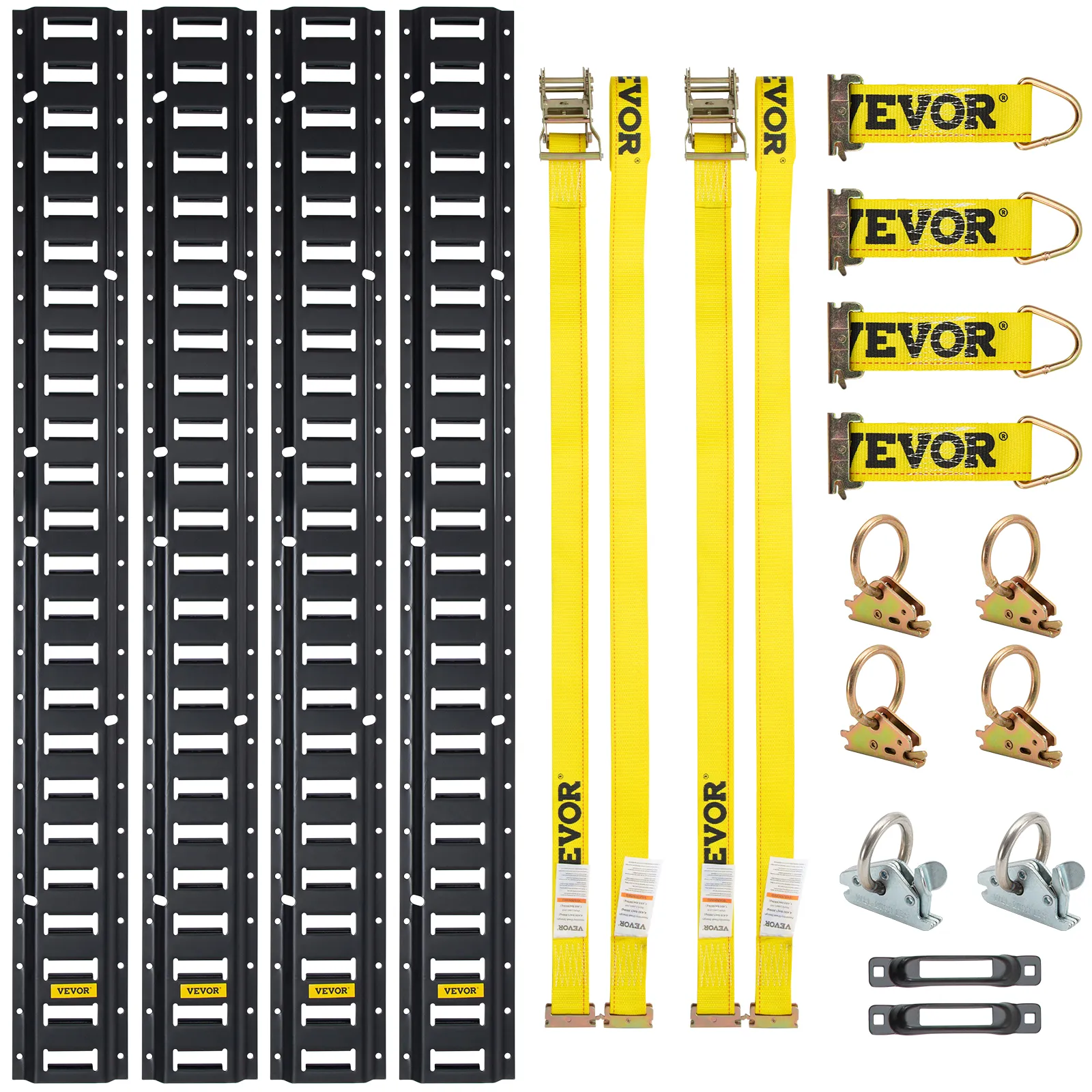 VEVOR e track tie-down kit with black rails, yellow straps, and anchoring accessories.
