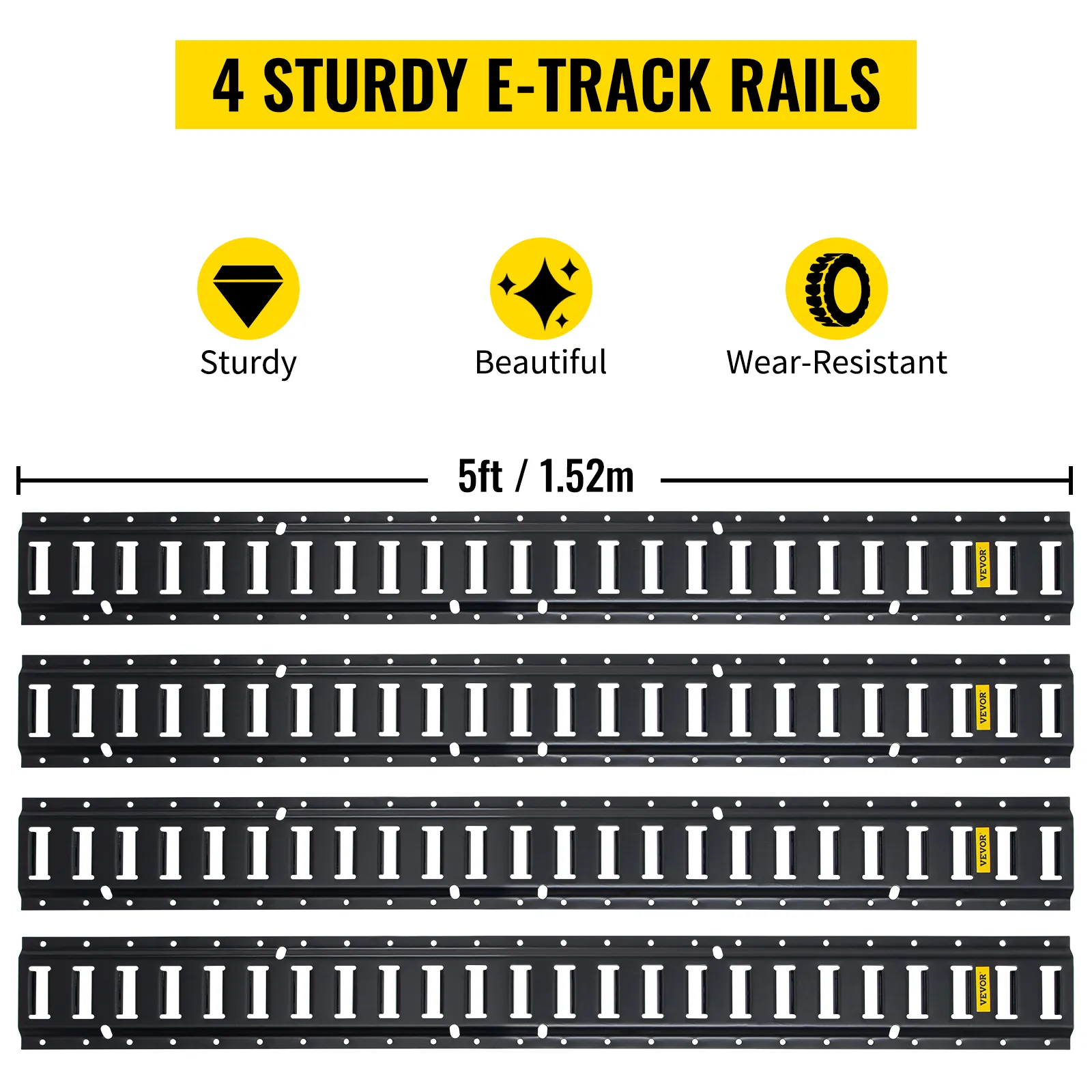 4 sturdy e-track rails, 5ft / 1.52m, from VEVOR e track tie-down kit; sturdy, beautiful, wear-resistant.