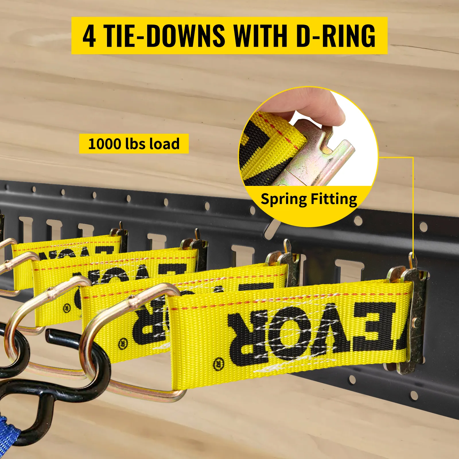 yellow VEVOR e track tie-down kit with d-ring, spring fitting, and 1000 lbs load capacity.