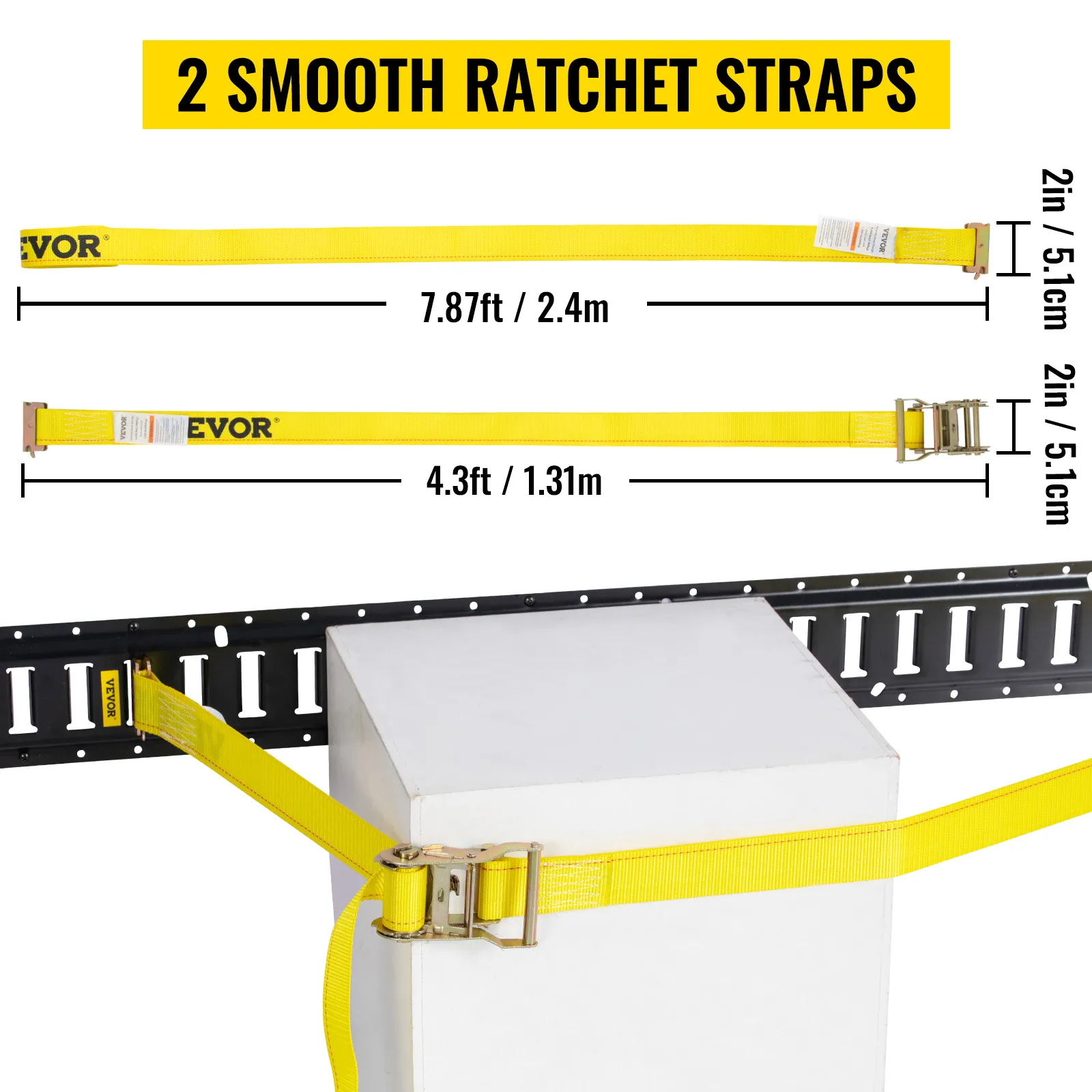 VEVOR e track tie-down kit with 2 smooth ratchet straps, 11ft and 4.3ft, 2in wide, yellow