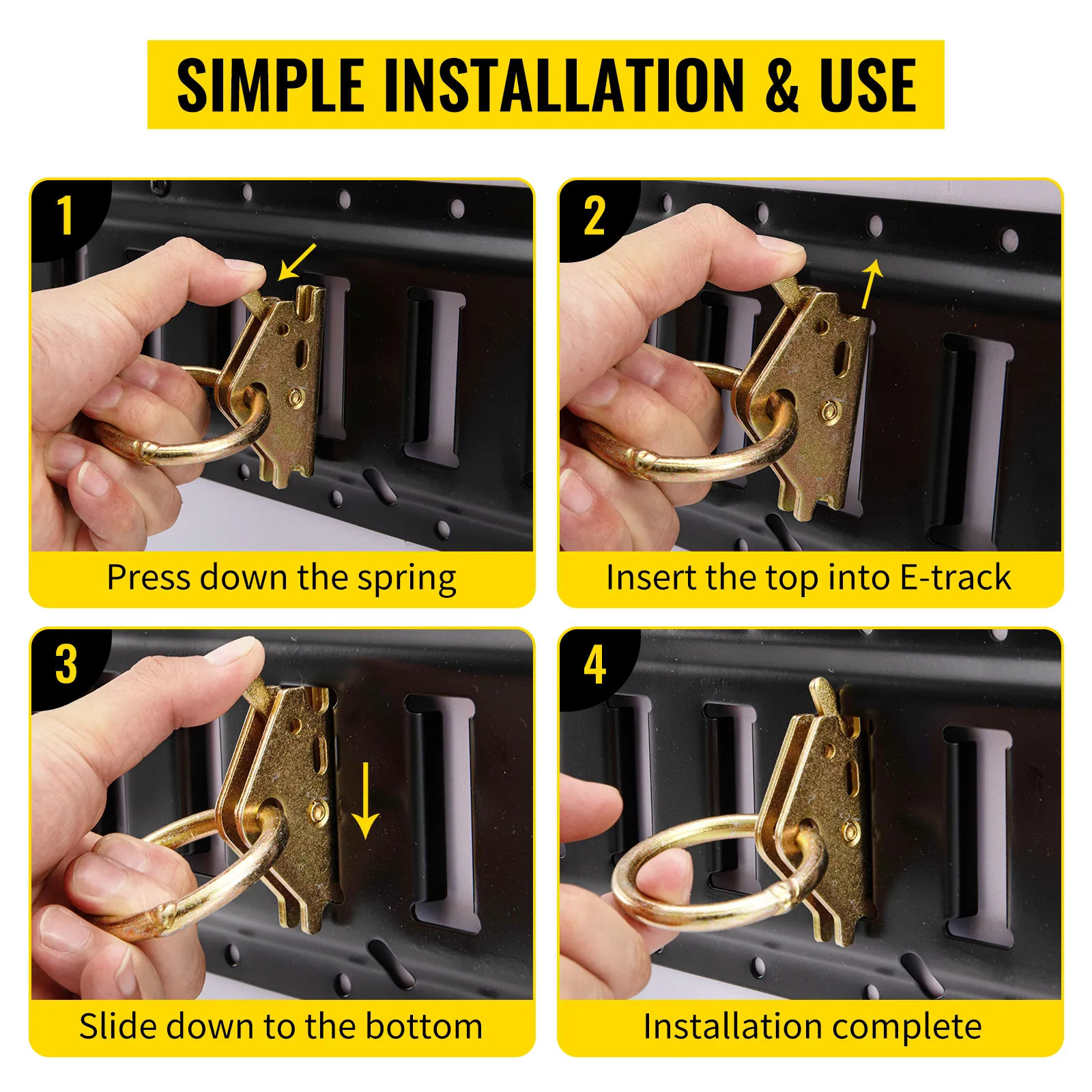 VEVOR e track tie-down kit installation steps with hands demonstrating simple attachment process.