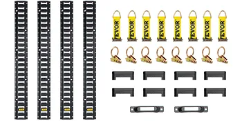 VEVOR e track tie-down kit with rails, yellow straps, o rings, plastic end caps, and hardware.