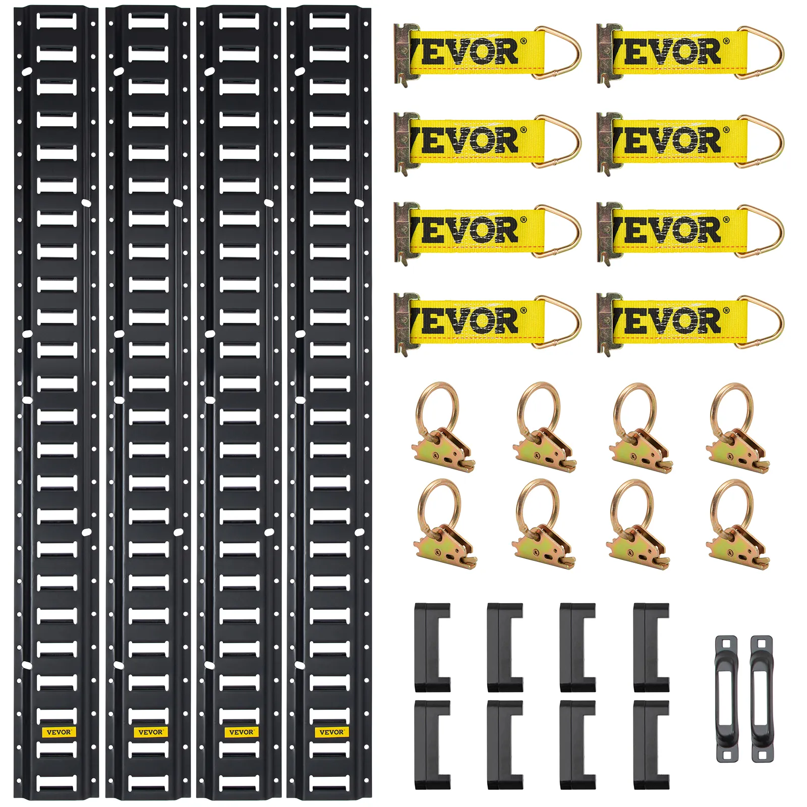 VEVOR e track tie-down kit with black tracks, yellow straps, and gold d-rings. ideal for cargo securing.