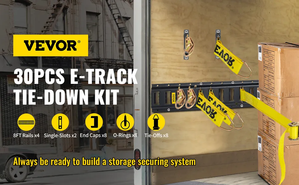 VEVOR e track tie-down rail kit: 30pcs set with 8ft rails, o-rings, end caps, tie-offs, and single-slots.