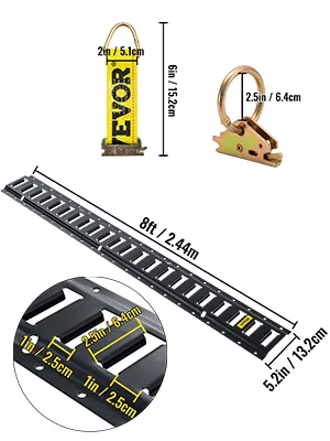VEVOR e track tie-down rail kit with dimensions, including rail, tie-down ring, and measurements.