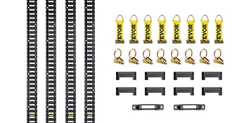 VEVOR e track tie-down rail kit with rails, tie-down straps, and accessories arranged on white background.
