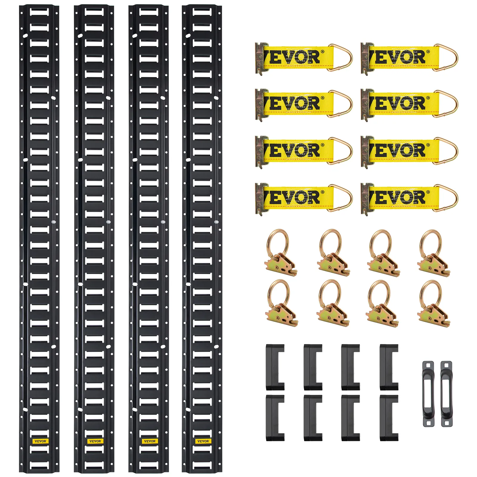 Kit de rieles de amarre para vías eléctricas VEVOR con cuatro rieles negros, ocho correas amarillas, anillos de anclaje y soportes