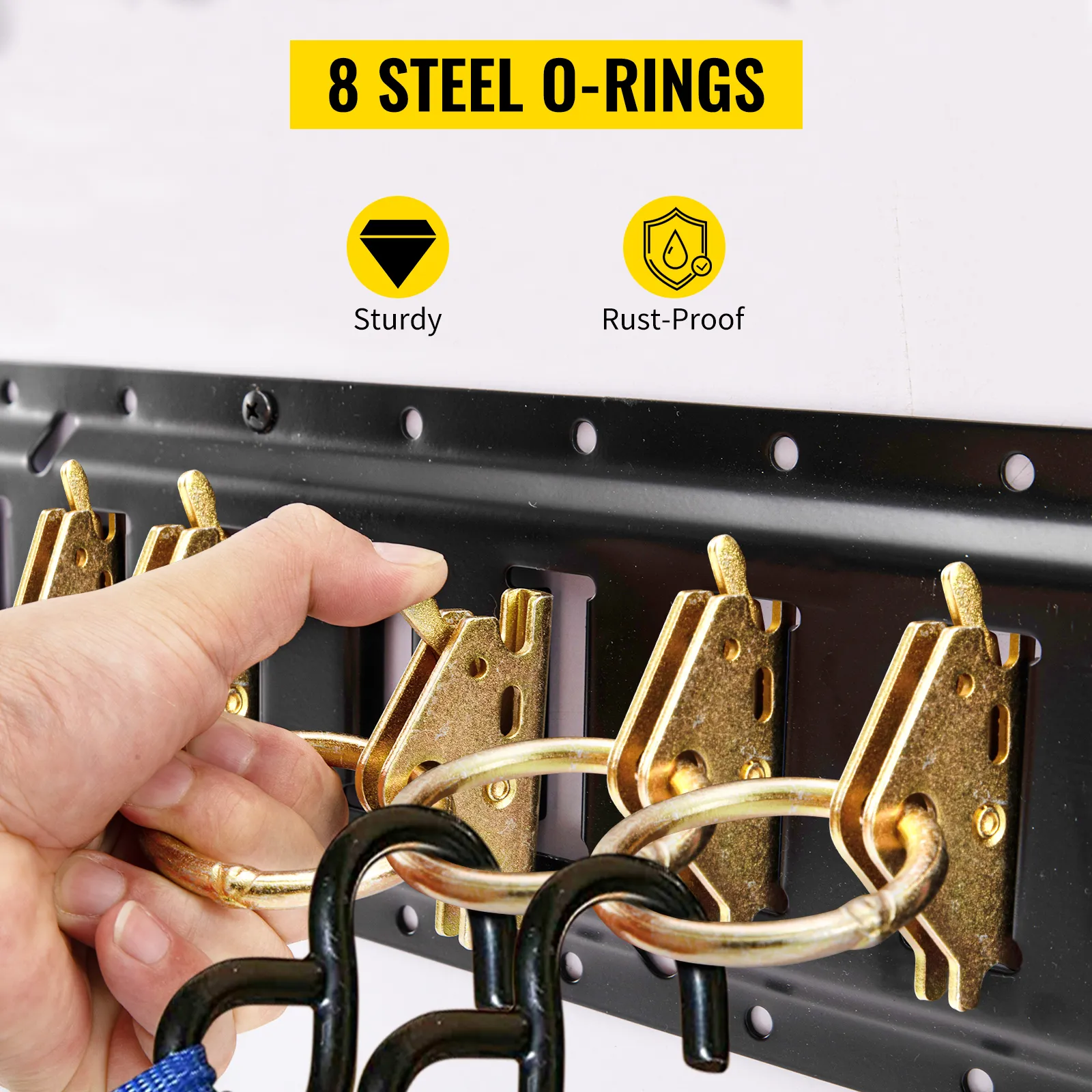 hand fastening steel o-ring to VEVOR e track tie-down rail kit with sturdy and rust-proof features.